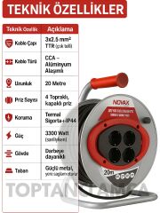 Metal Makaralı Seyyar 4 Prizli Uzatma Kablosu 3x2.5 mm Ttr Kablo  Termal Sigorta