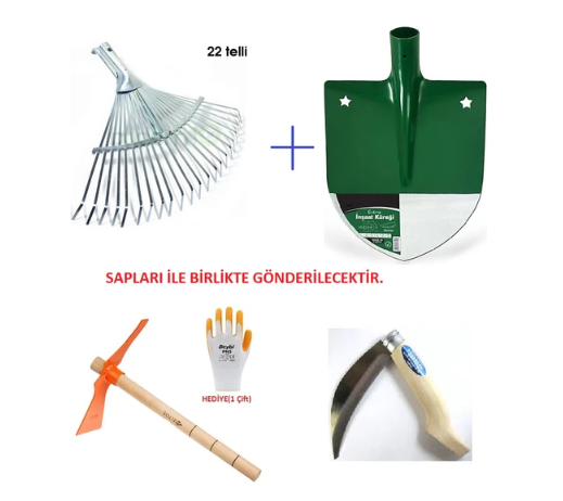 Toptancı Amca Bahçe Seti Tırmık Kürek Saplı Çapa ve Katlanır Testere Bıçağı Seti