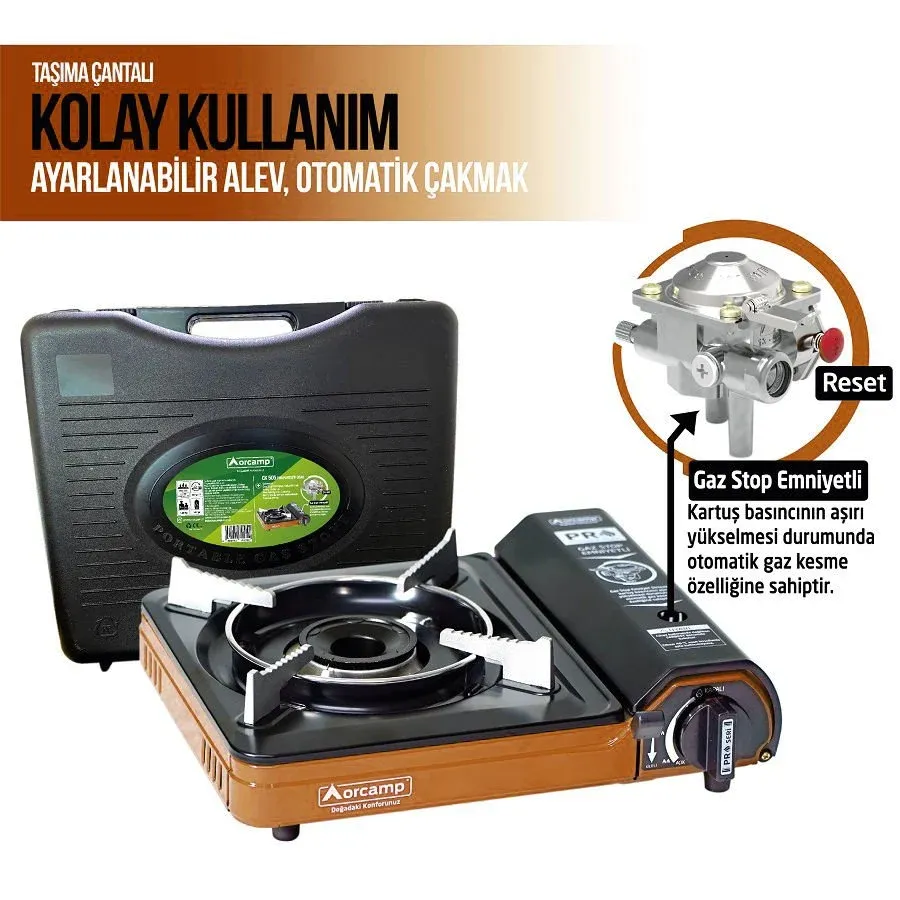 Orcamp Tekli Portatif Ocak | Çakmaklı, Gaz Stop Emniyetli Kamp Ocağı