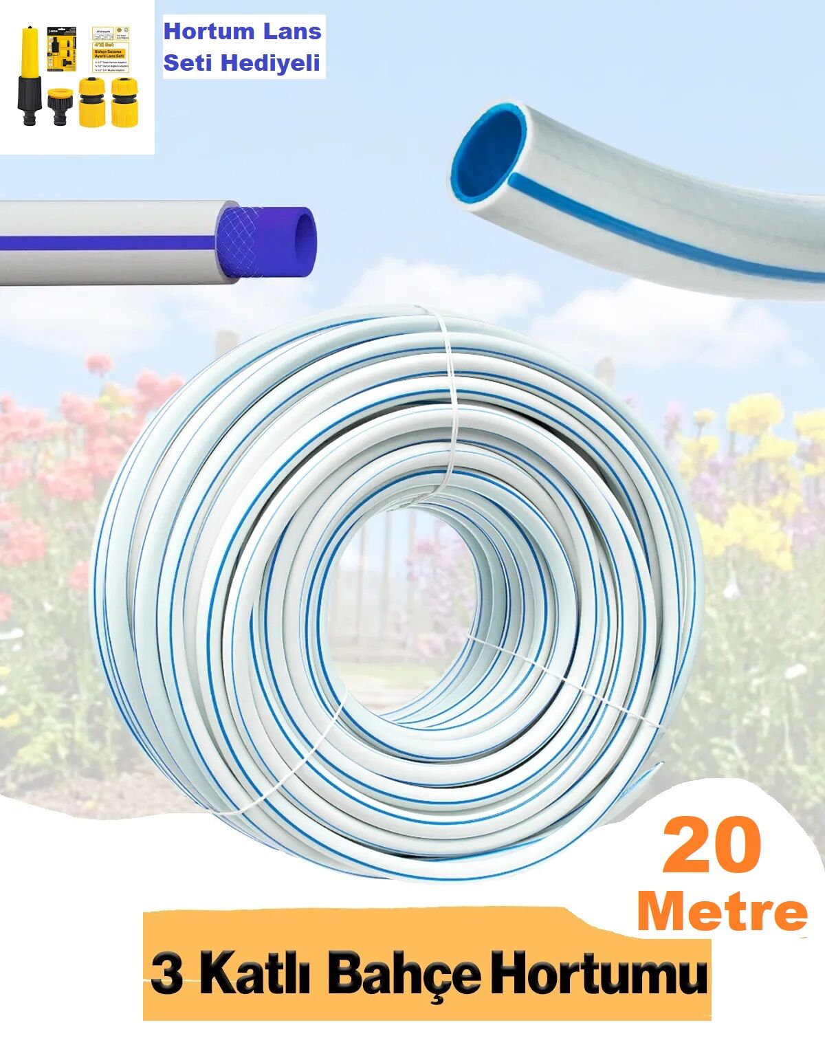 Bahçe Hortumu 20 Metre 3 Katlı Kalın Sağlam Çeşme Su Sulama Hortum Araç Araba Yıkama 12.5 mm 1/2 Lans Seti Hediyeli